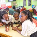 Students from the Newfield Primary School discuss their presentations in groups for Session 2