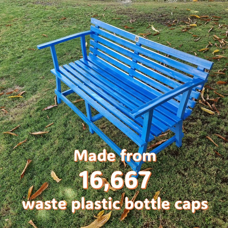 Garden bench made with 16,667 bottle caps in our workshop